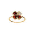 Bague en vermeil motif tr&egrave;fle &agrave; quatre feuilles forme coeur 10mm dont trois sertis d'oxydes rouges et un d'oxydes blancs