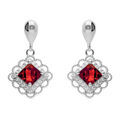 Boucles d'oreille pendante tige en argent rhodi&eacute; carr&eacute; rouge et halo d'oxydes Artemare
