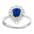 Bague en argent rhodi&eacute; forme goutte d'oxyde bleu serti et halo d' oxydes blancs