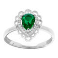 Bague argent rhodi&eacute; forme goutte d'oxyde vert serti et halo d' oxydes blancs