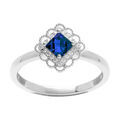 Bague en argent rhodi&eacute; avec oxyde bleu carr&eacute; serti et halo d' oxydes blancs Artemare