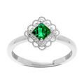 Bague en argent rhodi&eacute; avec oxyde vert carr&eacute; serti et halo d' oxydes blancs