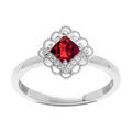 Bague en argent rhodi&eacute; avec oxyde rouge carr&eacute; serti et halo d' oxydes blancs Artemare
