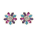 Boucles d'oreille tige en vermeil motif fleur avec oxydes multi couleurs Artemare