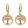Boucles d'oreille dormeuse en vermeil arbre de vie contour perl&eacute; avec oxydes violets