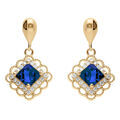 Boucles d'oreille pendante tige en vermeil carr&eacute; oxyde bleu et halo d'oxydes