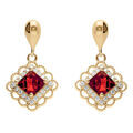 Boucles d'oreille pendante tige en vermeil carr&eacute; oxyde rouge et halo d'oxydes