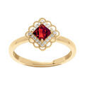 Bague en vermeil avec oxyde carr&eacute; rouge serti et halo d'oxydes blancs Artemare