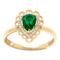 Bague en vermeil goutte oxyde vert serti, halo dentel&eacute; d'oxydes blancs