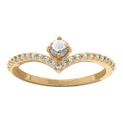 Bague en plaqu&eacute; or forme V vec oxydes blancs et un oxyde central serti