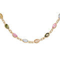 Colliers sur Artemare : Collier en plaqu&eacute; or maillons orn&eacute;s d'oxydes bleu ciel, oranges, verts et roses en forme de navette - longueur 36cm + 9cm de rallonge