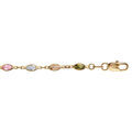 Bracelet en plaqu&eacute; or alternance d'oxydes en forme de navette de couleur verte, bleue, orange et rose - longueur 18cm