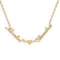 Collier en plaqu&eacute; or cha&icirc;ne mailles 1+1 largeur 2mm avec d&eacute;coupe anglaise 2 pr&eacute;noms s&eacute;par&eacute;s par un coeur - longueur 40cm + 3cm de rallonge