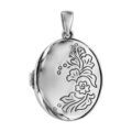 Pendentif en argent rhodi&eacute; cassolette ovale avec fleurs grav&eacute;es - dimension 20mm - possibilit&eacute; d'ins&eacute;rer 1 ou 2 photos droite et gauche Artemare