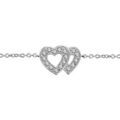 Bracelet en argent rhodi&eacute; cha&icirc;ne avec au milieu 2 coeurs superpos&eacute;s &eacute;vid&eacute;s et orn&eacute;s d'oxydes blancs sertis - longueur 16cm + 2cm de rallonge