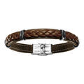 Bracelet en cuir marron avec tresse et &eacute;l&eacute;ments en acier - longueur 20cm r&eacute;glable