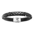 Bracelet en cuir noir avec tresse et &eacute;l&eacute;ments en acier - longueur 20cm r&eacute;glable