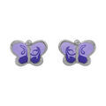 Boucles d'oreilles pour enfant en argent rhodi&eacute; papillon mauve et fermoir poussette