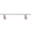 Bracelet pour enfant en argent rhodi&eacute; cha&icirc;ne avec 3 pampilles coeurs roses - longueur 14cm + 2cm de rallonge