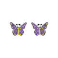 Boucles d'oreilles pour enfant en argent rhodi&eacute; papillon violet et jaune avec fermoir poussette Artemare