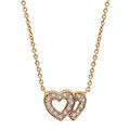 Collier en plaqu&eacute; or cha&icirc;ne avec pendentif 2 coeurs superpos&eacute;s &eacute;vid&eacute;s et orn&eacute;s d'oxydes blancs sertis - longueur 40cm + 4cm de rallonge