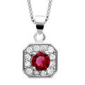 Colliers sur Artemare : Collier en argent rhodi&eacute; collection joaillerie cha&icirc;ne avec pendentif carr&eacute; avec angles bisaut&eacute;s et oxydes sertis blancs dispos&eacute;s en forme de fleur avec coeur en oxyde rouge - longueur 42cm + 3cm de rallonge