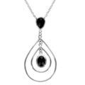 Colliers sur Artemare : Collier en argent rhodi&eacute; cha&icirc;ne avec pendentif oxyde noir retenant 2 gouttes en fil suspendues et oxyde ovale noir suspendu au milieu - longueur 40cm + 4cm de rallonge