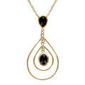 Collier en plaqu&eacute; or cha&icirc;ne avec pendentif oxyde noir retenant 2 gouttes en fil suspendues et oxyde ovale noir suspendu au milieu - longueur 40cm + 4cm de rallonge