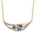 Colliers sur Artemare : Collier en plaqu&eacute; or cha&icirc;ne avec pendentif grappe avec 3 navettes en oxydes bleus et rails d'oxydes blancs sertis - longueur 42cm + 3cm de rallonge