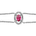Bracelet en argent rhodi&eacute; collection joaillerie cha&icirc;ne doubl&eacute;e avec au milieu 1 oxyde ovale fucshia et entourage d'oxydes blancs sertis - longueur 16cm + 2cm de rallonge