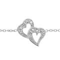 Bracelet en argent rhodi&eacute; cha&icirc;ne avec au milieu 2 coeurs &eacute;vid&eacute;s superpos&eacute;s et orn&eacute;s d'oxydes blancs - longueur 16cm + 3cm de rallonge