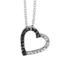 Collier en argent rhodi&eacute; cha&icirc;ne avec pendentif coeur &eacute;vid&eacute; avec 1 moiti&eacute; en oxydes blancs sertis et l'autre en oxydes noirs - longueur 40cm + 4cm de rallonge