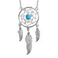 Colliers sur Artemare : Collier en argent rhodi&eacute; cha&icirc;ne avec pendentif attrape r&ecirc;ve de 18mm avec 1 boule turquoise au centre et 3 plumes suspendues - longueur 40cm + 5cm de rallonge