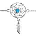 Bracelets sur Artemare : Bracelet en argent rhodi&eacute; cha&icirc;ne avec attrape r&ecirc;ves avec petite boule turquoise au milieu et plume suspendue au milieu - longueur 16cm + 2,5cm de rallonge