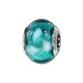 Charms Thabora en argent rhodi&eacute; et verre de Murano v&eacute;ritable bleu-vert avec tourbillon blanc Artemare