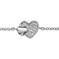 Bracelet en argent rhodi&eacute; cha&icirc;ne avec au milieu 2 coeurs superpos&eacute;s, 1 petit lisse et l'autre pav&eacute; d'oxydes blancs sertis - longueur 16cm + 2cm de rallonge Artemare