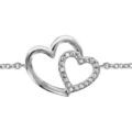 Bracelet en argent rhodi&eacute; cha&icirc;ne avec au milieu 2 coeurs crois&eacute;s, 1 lisse et l'autre orn&eacute; d'oxydes blancs sertis - longueur 16cm + 2cm de rallonge