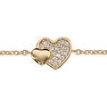 Bracelet en plaqu&eacute; or cha&icirc;ne avec au milieu 2 coeurs superpos&eacute;s, 1 petit lisse et l'autre pav&eacute; d'oxydes blancs sertis - longueur 16cm + 2cm de rallonge