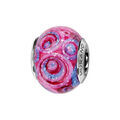 Charms Thabora en argent rhodi&eacute; et verre de Murano v&eacute;ritable rose avec spirales rouges et violettes paillet&eacute;