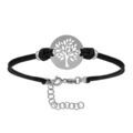Bracelet en argent rhodi&eacute; cordon doubl&eacute; noir interchangeable avec plaque ronde avec 1 arbre de vie d&eacute;coup&eacute; - longueur 16cm + 3cm de rallonge Artemare