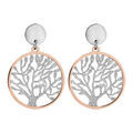 Boucles d'oreilles en acier, PVD rose etffet givr&eacute; anneau suspendu avec arbre de vie &agrave; l'int&eacute;rieur et fermoir poussette