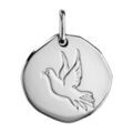 Pendentif en argent rhodi&eacute; galet avec colombe grav&eacute;e - diam&egrave;tre 18mm
