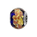 Charms Thabora en argent rhodi&eacute; et verre de Murano v&eacute;ritable bleu fonc&eacute; avec feuilles dor&eacute;es et mouchet&eacute; cuivr&eacute;