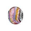 Charms Thabora en argent rhodi&eacute; et verre de Murano v&eacute;ritable rose avec feuille argent&eacute;e et z&eacute;brures violettes et jaunes