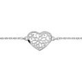 Bracelet en argent rhodi&eacute; cha&icirc;ne avec coeur ajour&eacute; en forme de fleur - longueur 16cm + 3cm de rallonge