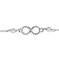 Bracelet en argent rhodi&eacute; cha&icirc;ne avec au milieu symbole infini entour&eacute; de 2 perles blanches synth&eacute;tiques - longueur 15cm + 3cm de rallonge