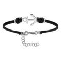 Bracelet en argent rhodi&eacute; cordon doubl&eacute; noir interchangeable avec ancre de marine au milieu - longueur 14cm + 3cm de rallonge