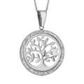 Collier en acier cha&icirc;ne avec pendentif rond avec arbre de vie ajour&eacute; et contour en r&eacute;sine et strass blanc - longueur 42cm + 8cm de rallonge Artemare