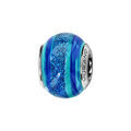 Charms Thabora en argent rhodi&eacute; et verre de Murano v&eacute;ritable bandes bleu turquoise et bleu fonc&eacute; avec paillettes