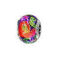 Bracelets sur Artemare : Charms Thabora en argent rhodi&eacute; et verre de Murano v&eacute;ritable violet avec fleurs rouge orang&eacute; et jaunes et fleurs roses avec leurs tiges vertes et jaunes paillet&eacute;